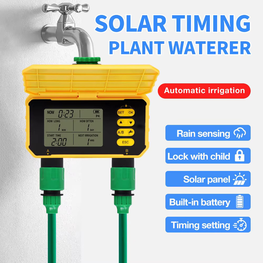 JUANJUAN WIFI Smart Garten Wasser Timer mit Solar-Ladefunktion und Regensensor, Automatischer Sprinkler Controller für Tropfbewässerung in Gelb - Bild 2