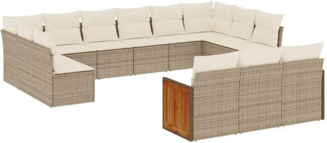 vidaXL 13-tlg. Garten-Sofagarnitur in L-Form aus Polyrattan und Akazienholz mit Kissen in Beige-creme - Bild 1
