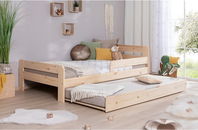 TiCAA Kinderbett Bennet aus Kiefer Massivholz mit Zusatzbett, Rausfallschutz und Lattenrost, Farbe Braun - Bild 1