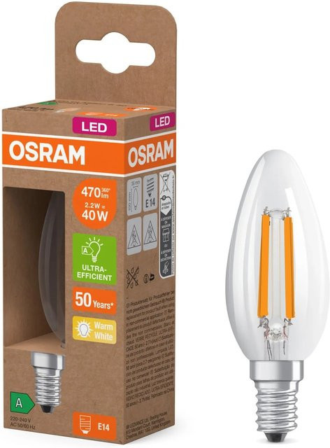Osram LED Leuchtmittel E14 Kerzenform in Klar, Warmweiß 2700 K, 2,2 W, 470 lm, Edison Style Filament - Bild 1