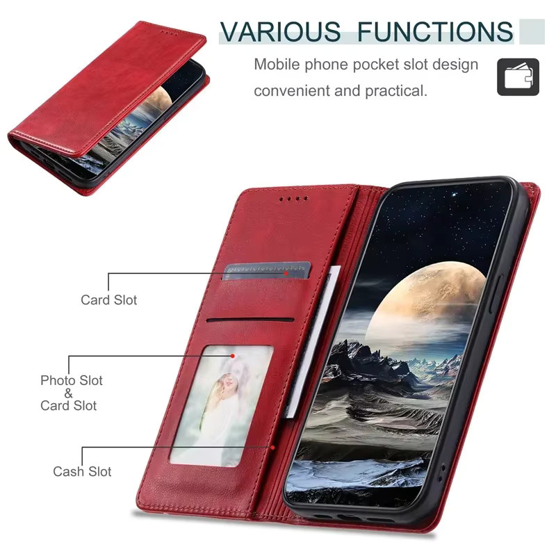 Magnetische Flip Ledertasche für Oppo A57s A78 A58 A57 A77 A74 A54 5G A53 A16 A15S A17 A96 A76 A36 A55 A52 A92 A8 in Schwarz oder Rot - Bild 2