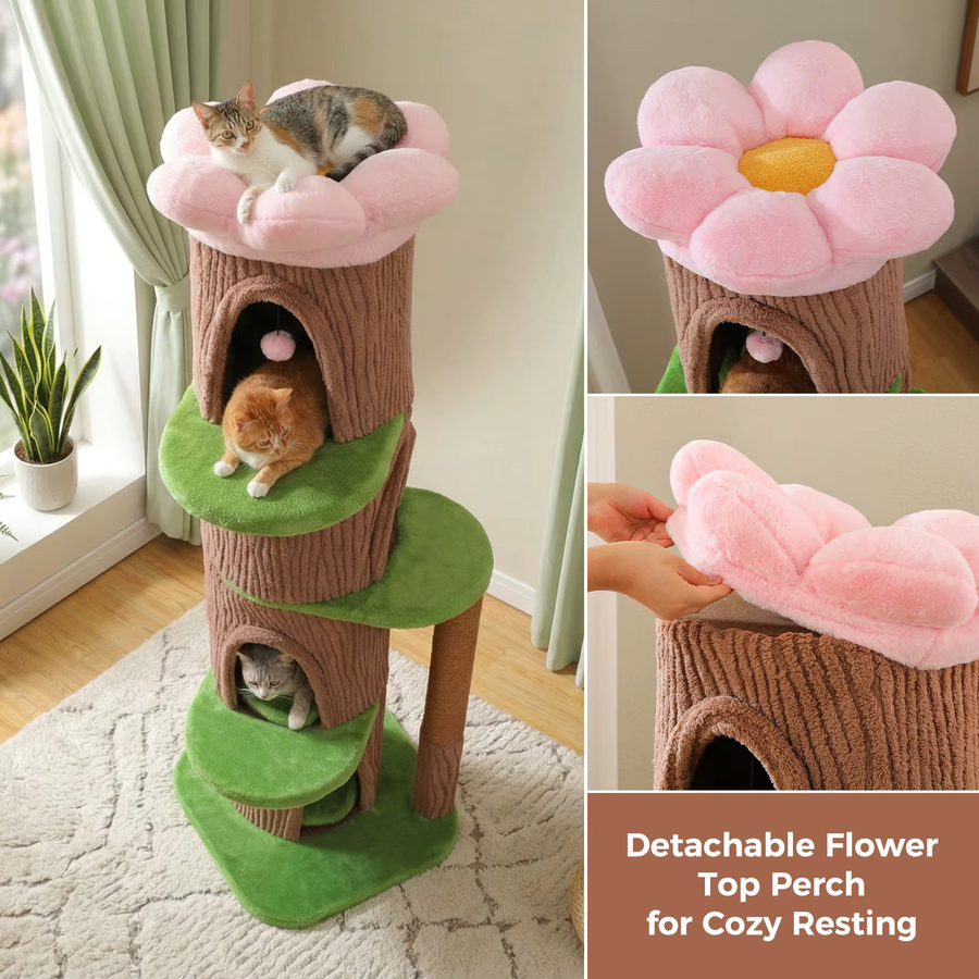 PEQULTI Katzenbaum mit Blumenkranz-Dachplattform und 4 gemütlichen Höhlen für große Katzen in rustikalem Design - Bild 3