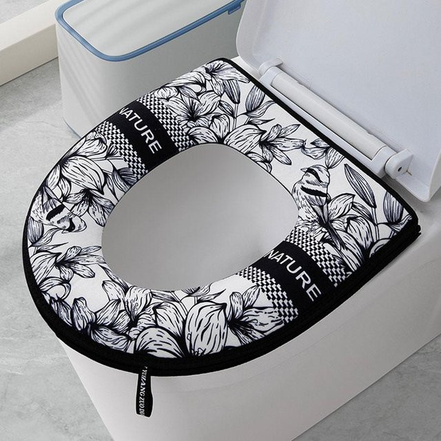 Wasserdichter Toilettensitzbezug mit Reißverschluss von xianyi01 in Schwarz, verdicktes Toilettenheizkissen aus Polyester für ovale Sitze - Bild 1