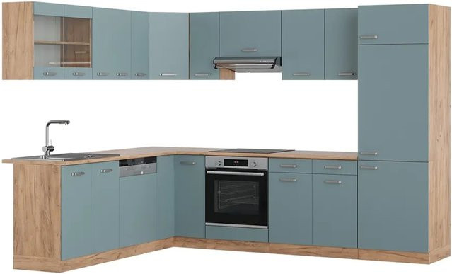 Vicco R-Line Eckküche modern in Blau-Grau und Goldkraft Eiche, B/T/H: 227 x 287 x 207 cm - Bild 1