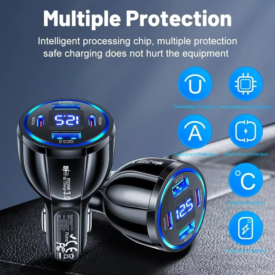 WALKESEN 100 W Autoladegerät mit 4 USB-Ports und Digitalanzeige, Schnellladeadapter für iPhone, Samsung und Xiaomi mit USB-C, Schwarz-Gelb - Bild 3