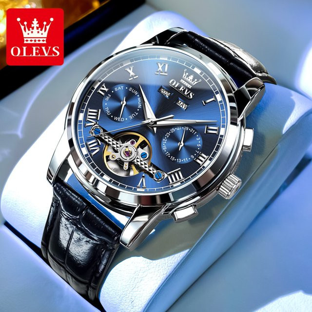 OLEVS Automatik-Armbanduhr, Leder, Schwarz, Herren - Bild 1