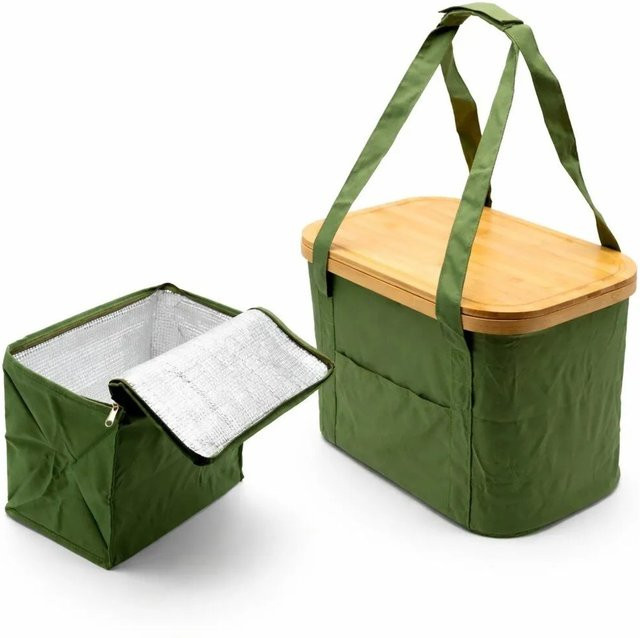 BigDean Picknicktasche Grün mit herausnehmbarer Kühltasche und Bambusdeckel, 24L faltbarer Picknickkorb mit isolierter Innentasche - Bild 1