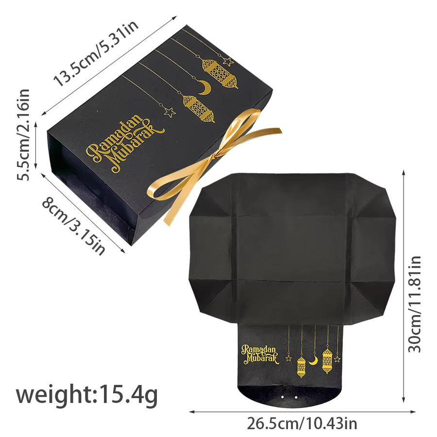 10er-Pack Mini-Geschenkboxen aus Papier in quadratischer Form mit goldenen Sternen in Schwarz-Weiß und Bändern für Pralinen und Eid Mubarak Leckereien - Bild 6