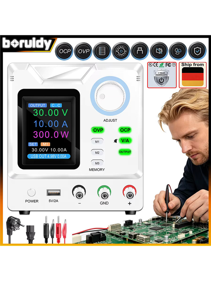 Boruidy Labor-Netzteil Weiß, Einstellbares DC-Schaltnetzteil mit OCP OVP und Speicherfunktion, Hochpräziser Spannungsregler - Bild 7