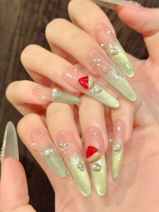 YADORNOS Press-on Nails, 10 Stück, Mandel, Rosa-Grün, Katzenauge, Glänzend, Damen - Bild 3
