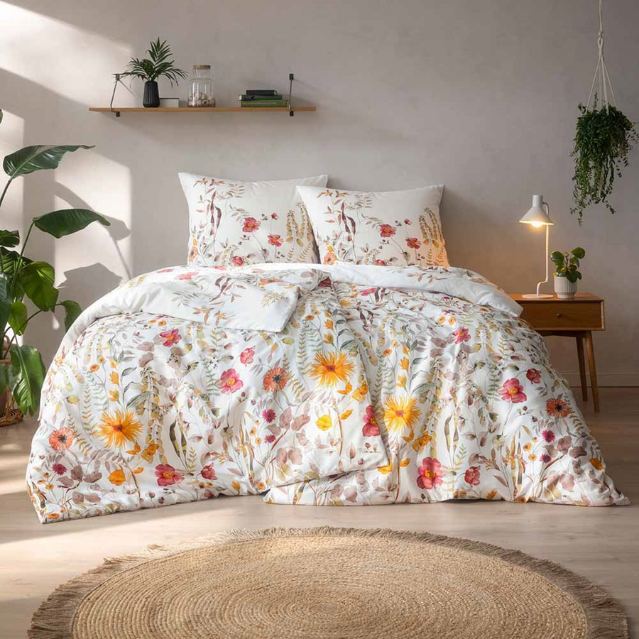 Estella Bio Mako Satin Bettwäsche Adelia natur Wiesenblumen, Set aus Bettbezug und Kissenbezug, Farbe: Multicolour/Weiß, B/H: 135 x 200 cm, Kissen: 80 x 80 cm - Bild 1