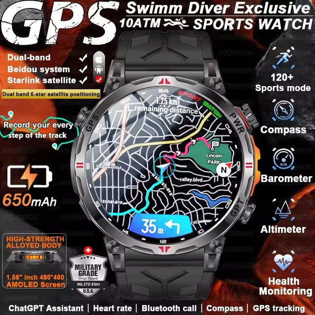 Vwar Outdoor-Sport-Smartwatch für Herren mit GPS-Ortung, 1,56 Zoll AMOLED-Bildschirm, Anruffunktion und 5ATM Wasserdichtigkeit - Bild 1