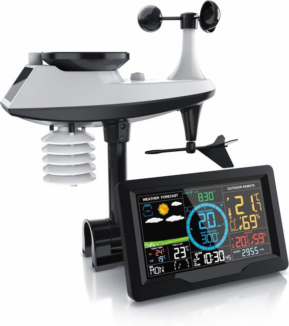 Brandson Funkwetterstation mit 5 in 1 Außensensor, LED Farbdisplay, DCF, Thermometer, Hygrometer, Barometer, Windgeschwindigkeit und Regenmenge in Weiß - Bild 1