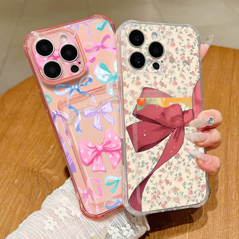 YISHANGOU Handyhülle mit rotem Schleifenmuster und Kartenfach für iPhone 17 16 Pro Max 15 14 13 Pro Max, transparente TPU Silikonhülle - Bild 1