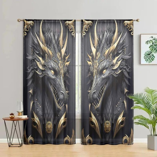 2er-Set halbverdunkelnde Vorhänge mit 3D Drachen-Motiv in Schwarz-Gold, Breite: 150 cm, Höhe: 166 cm - Bild 1