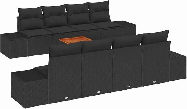 vidaXL Garten-Sofa-Set aus Poly-Rattan in Schwarz mit 9 Teilen, U-Form, inklusive Kissen und Tisch - Bild 1