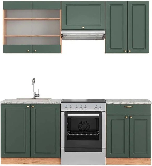 Vicco Fame-Line Küchenschrank im Landhausstil in Grün-Gold mit Eiche-Optik und Marmor-Design, Breite: 200 cm - Bild 1