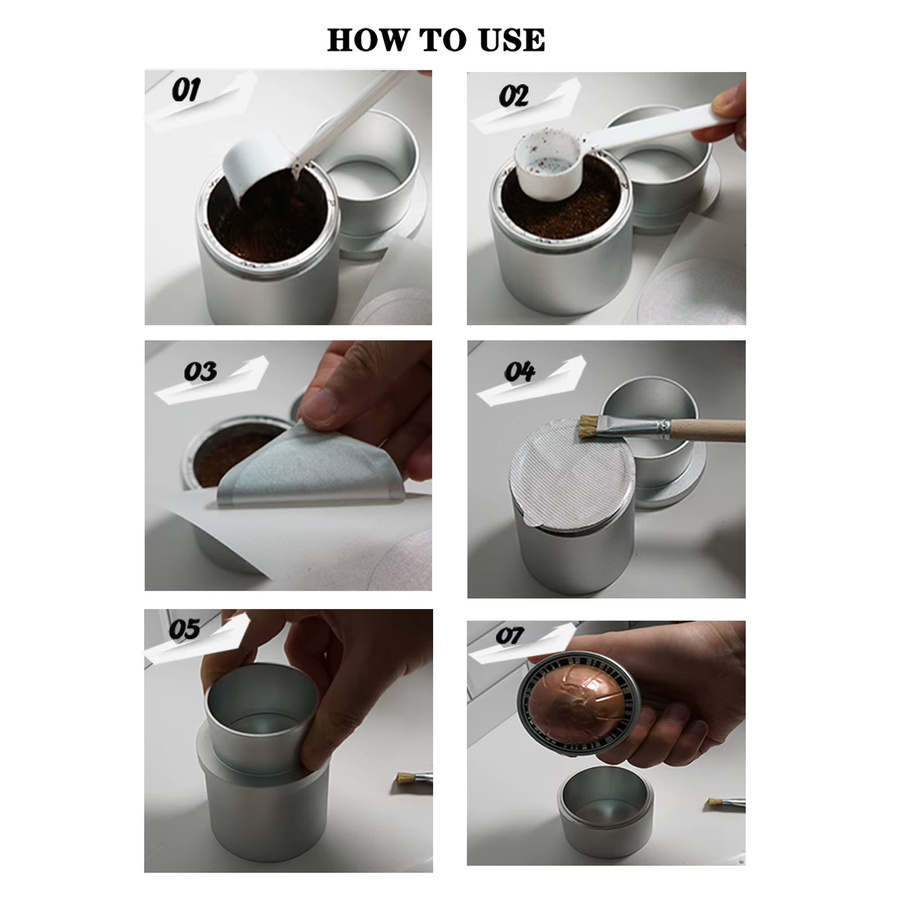Wiederverwendbares Metallkapsel-Füllwerkzeug Set aus Aluminium in Silber, kompatibel mit Nespresso Vertuoline, inklusive Aluminium-Rack, Pinsel und Löffel - Bild 2