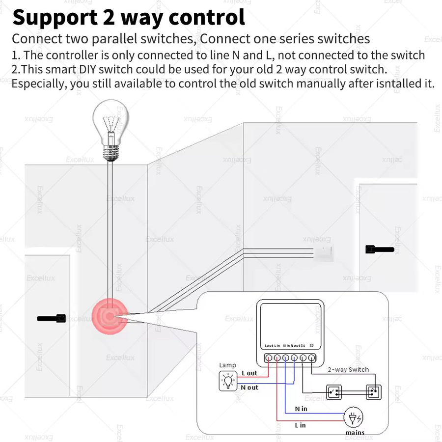 Excellux Zigbee 16A Smart Lichtschalter DIY Schaltermodul Mini Breaker in Weiß mit 2-Wege-Steuerung für Tuya Smart Life und Zigbee2mqtt - Bild 3
