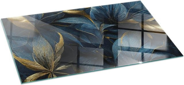 Tulup Kaminglasplatte Marine Blau mit Blätter-Textur, B/T: 140 x 70 cm - Bild 1