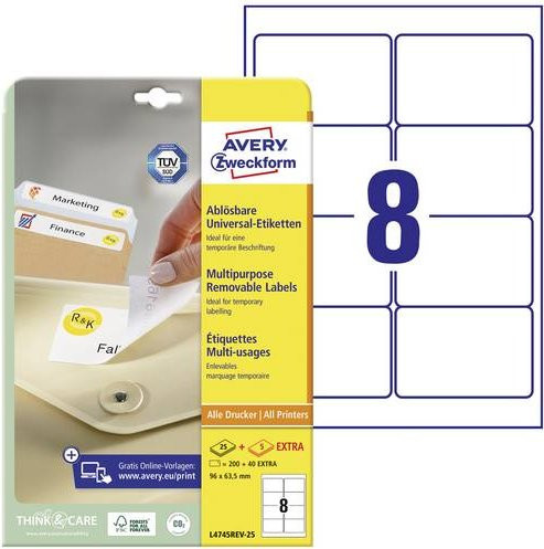 Avery Zweckform Universal-Etiketten Weiß, wiederablösbar, B: 96 mm x H: 63,5 mm - Bild 1