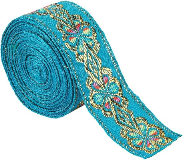 Türkises Jacquard-Spitzenband mit geometrischem Blumenmuster und metallischen Akzenten im Vintage-Stil, Breite: 3,7 cm, Länge: 7 Yards - Bild 1