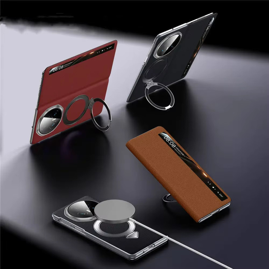 Sulada Echtleder Smart Window View MagSafe Flip Case für Honor Magic V6 und Honor Magic V5 mit Magnetring und Halterung Ständer in Schwarz - Bild 2