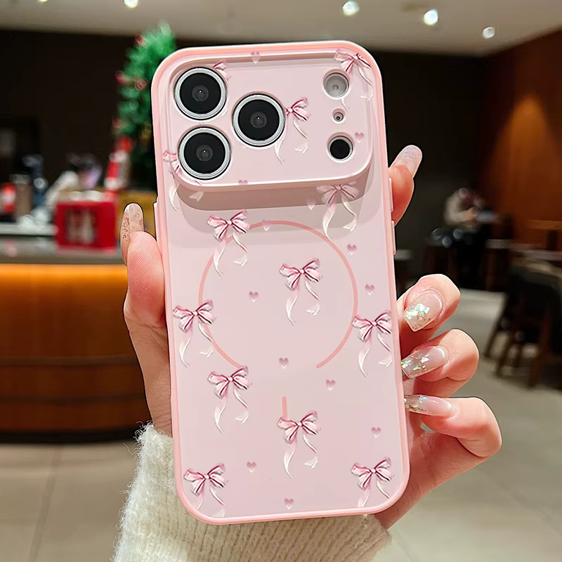 MOESOE Magnetische Handyhülle mit Schleifenmuster für iPhone 17 Pro Max 16 15 14 13 Pro Max, MagSafe kompatibel, stoßfeste Hartschale, Farbe: Pink - Bild 2
