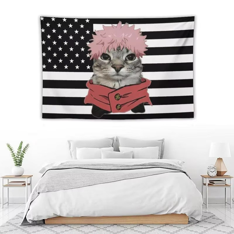 VIKAMA Anime Wandteppich mit Katzenmotiv und amerikanischer Flagge, bunter Wandbehang für Schlafzimmer und Schlafsäle, B/H: 60 x 40 cm - Bild 5