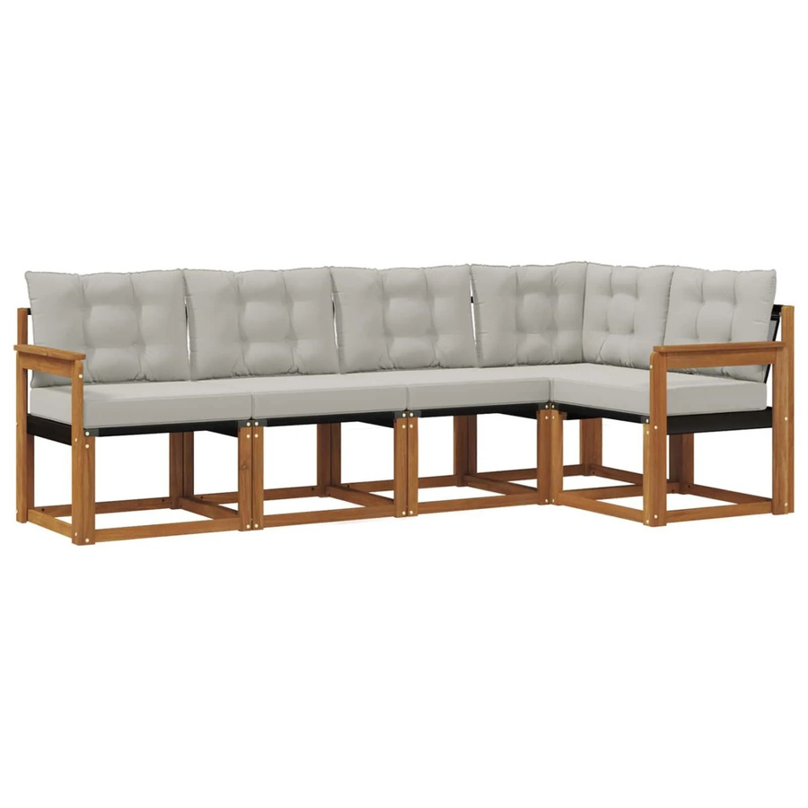 vidaXL Outdoor-Sofagarnitur 5-teilig L-Form aus Akazienholz mit Textilene und Kissen in Natur und Hellgrau - Bild 2