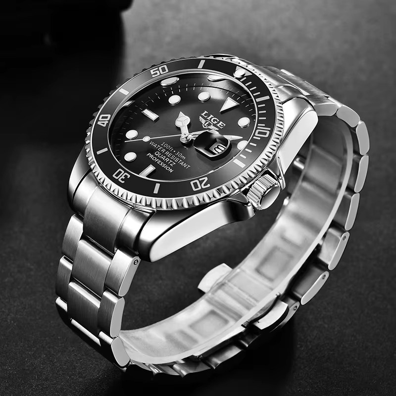 LIGE Armbanduhr Quarz, Edelstahl, Schwarz, Silber, Herren - Bild 2