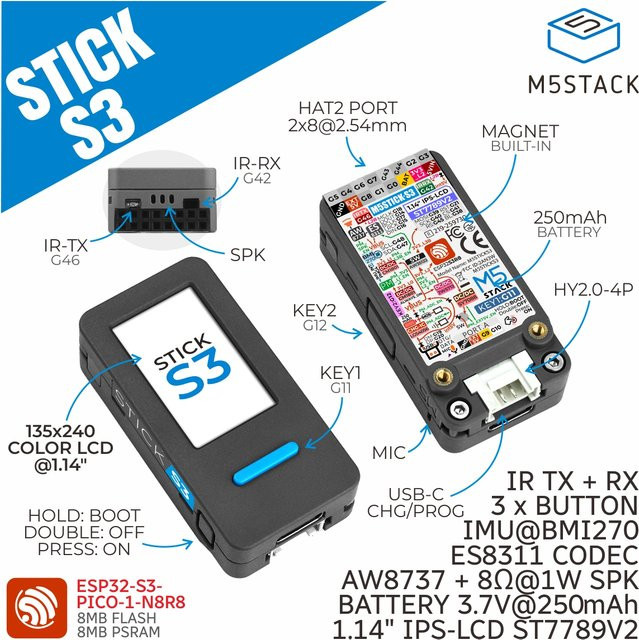 M5Stack M5StickS3 ESP32S3 Mini IoT Entwicklungskit in Schwarz - Bild 1