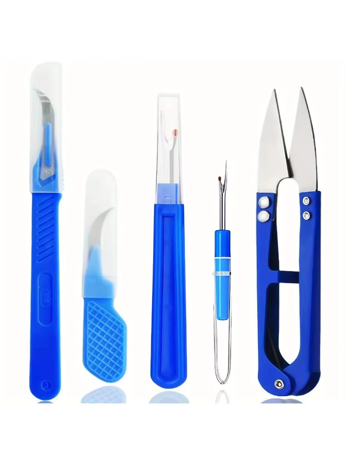 5-teiliges blaues Nähreifer-Set aus Carbonstahl und Kunststoff mit Fadentrenner, Nahttrenner und Schere - Bild 4
