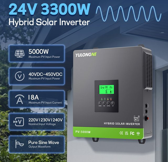 YULONGNE Hybrid-Solarwechselrichter 3300W 24VDC zu 230VAC Off-Grid-Wechselrichter mit 120A MPPT-Laderegler und max. 5000W PV-Eingang in Grau - Bild 1