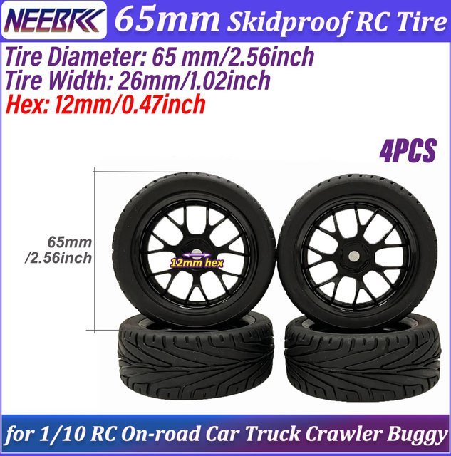 NeebRC RC-Gummireifen, 4-teiliges Set, 1:10, 65mm, 12mm Sechskant-Nabe - Bild 1