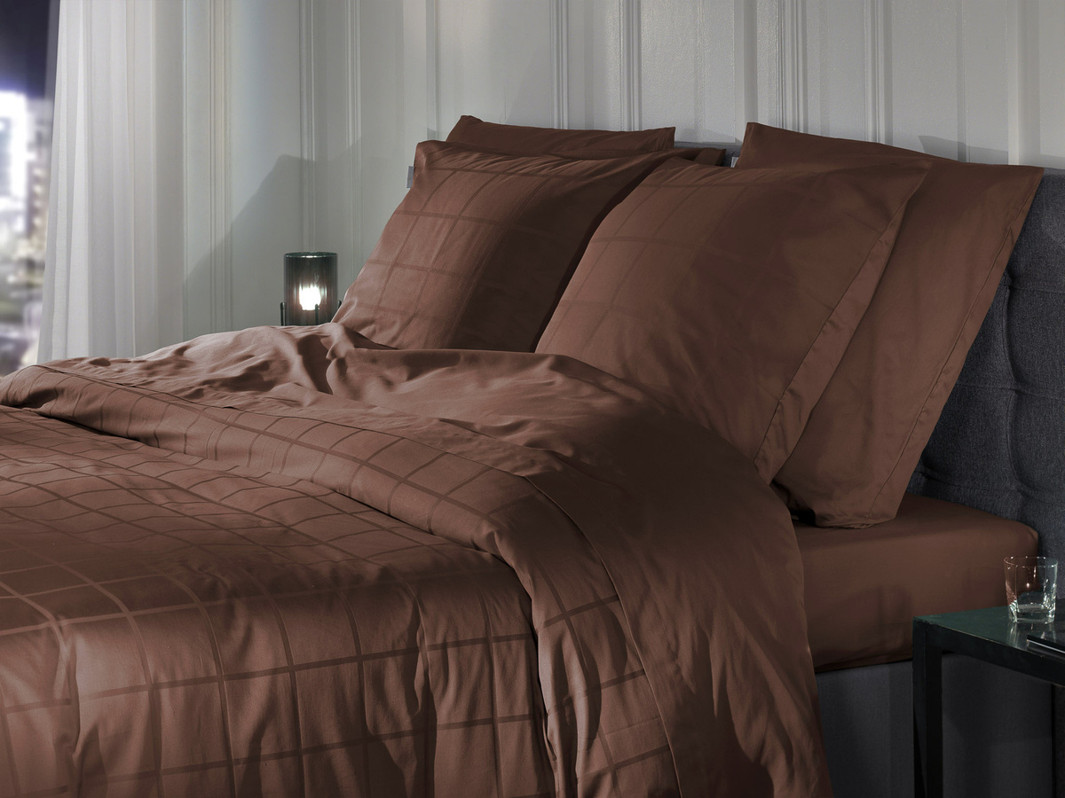 Heckett & Lane Mako-Satin Bettwäsche Diamante Marsala Rotbraun Wende Karo Uni, B/H: 155 x 220 cm mit Kissenbezug 80 x 80 cm - Bild 1