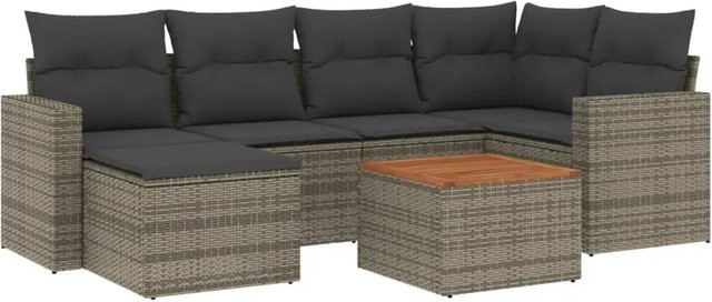 vidaXL 7-teilige Garten-Sofagarnitur in L-Form aus grauem Poly-Rattan mit Kissen und pulverbeschichtetem Stahlgestell - Bild 1