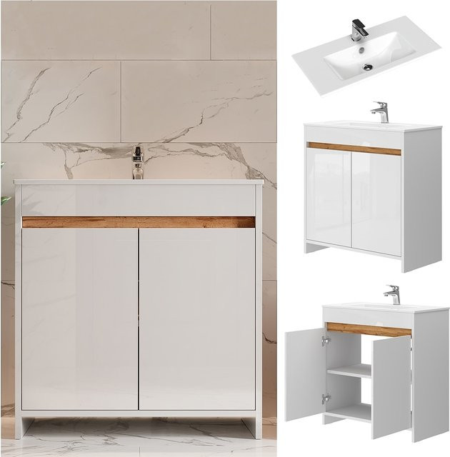 Vicco Badmöbel-Set Lemgo Waschbecken mit Unterschrank in Weiß Hochglanz, Breite: 80 cm - Bild 1