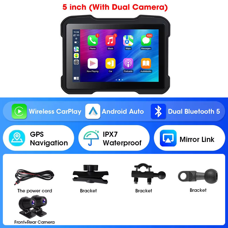 srnubi Tragbare 5-Zoll Motorrad-GPS-Navigation mit Wireless CarPlay und Android Auto, IPX7 Wasserdichtes LCD-Display, Dual Bluetooth 5.0, Schwarz - Bild 4