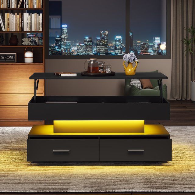 KOMHTOM Hydraulischer Couchtisch in Schwarz mit LED-Beleuchtung, Bluetooth-App-Steuerung, 2 Schubladen und offenem Stauraum - Bild 1
