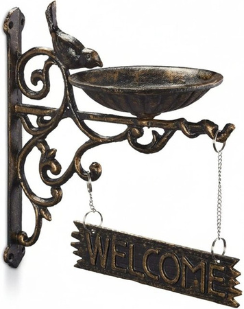 Relaxdays Vogeltränke aus Gusseisen in Bronze mit Welcome-Schild, wetterfest, B/T/H: 25 x 22,5 x 13,5 cm