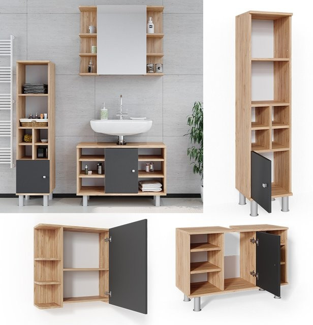 Vicco Badmöbel Set Fynn 3-teilig aus Eiche und Anthrazit mit Spiegelschrank, Waschbeckenunterschrank und Hochschrank - Bild 1