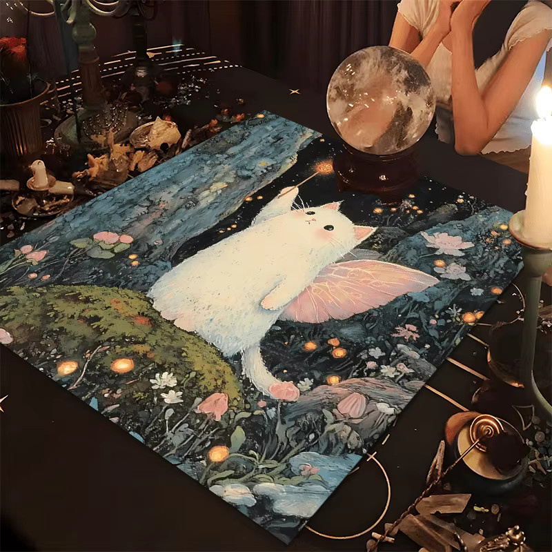 VIKAMA Tischdecke Magic Elf Tarot Design in Pink und Weiß mit Motiv einer geflügelten weißen Katze und Zauberstab für Kinderzimmer und Schlafzimmer - Bild 2