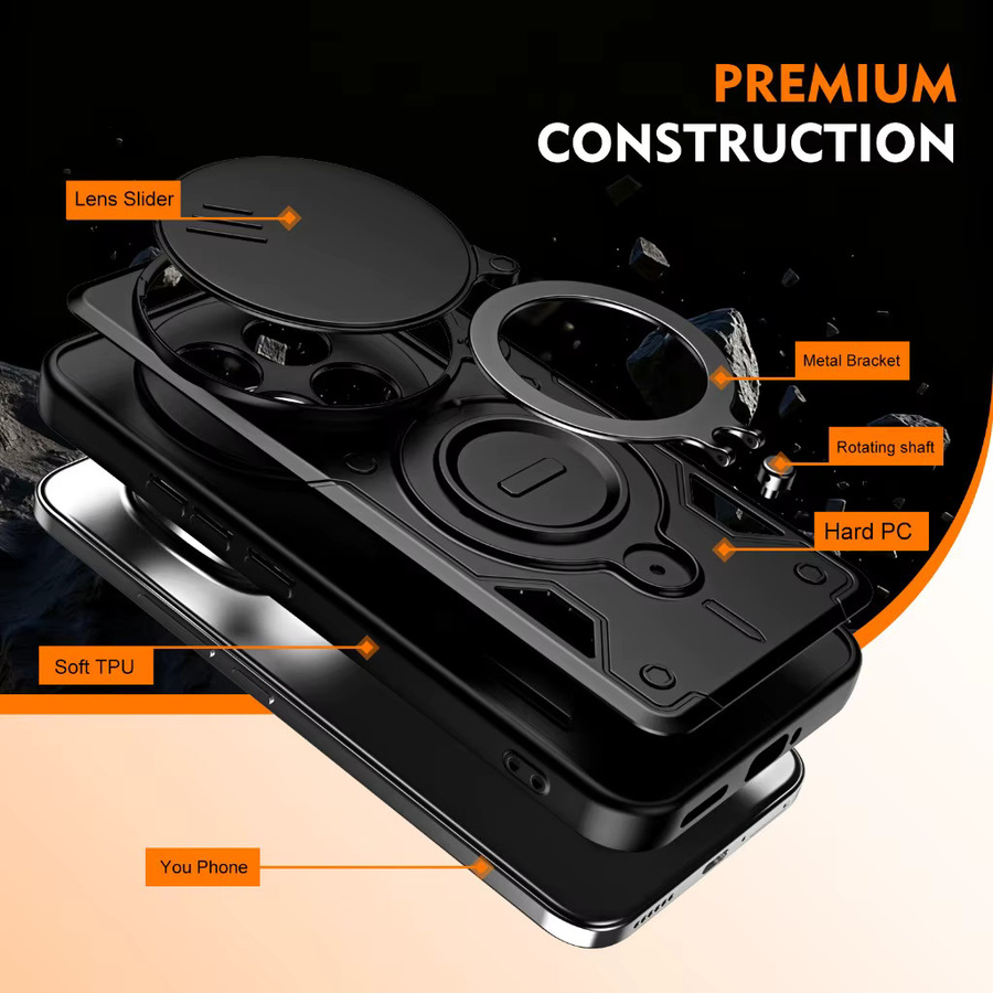 Stoßfeste Handyhülle mit Schiebe-Kameraabdeckung und 360 Grad drehbarem Ringhalter für Xiaomi Redmi Note 15 Pro+ 5G in Schwarz - Bild 6