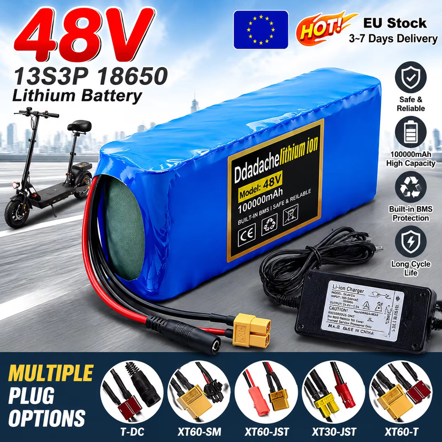 Ddadache 48V 100Ah 13S3P 18650 Lithium-Ionen-Akku in Blau, wiederaufladbarer 2000W E-Bike-Akku mit integriertem BMS für Elektroroller - Bild 1
