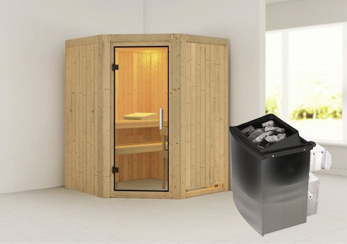 Karibu Sauna Tartu in Beige mit 9 kW Saunaofen und integrierter Steuerung für 3 Personen, B/T/H: 198 x 151 x 151 cm - Bild 1