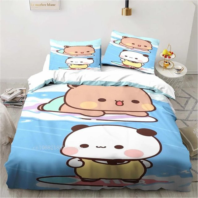 Bettwäscheset mit Bubu- und Dudu-Cartoon-Druck von Binchi Outdoor Product, blaues 2-teiliges Set aus Mikrofaser bestehend aus Bettbezug und Kissenbezug, Breite: 133 cm, Höhe: 70 cm - Bild 1