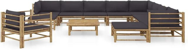 vidaXL 12-tlg Garten-Lounge-Set aus Bambus mit dunkelgrauen Kissen - Bild 1