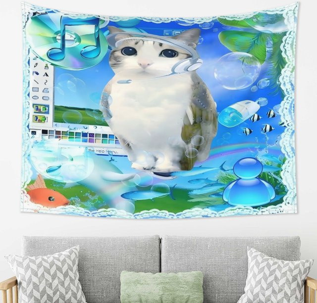 VIKAMA Vaporwave Meme Cat Wandteppich mit Retro-Computer-Bubble-Fish Design in Multicolour, Boho-Ästhetik, B/H: 60 x 40 cm - Bild 1