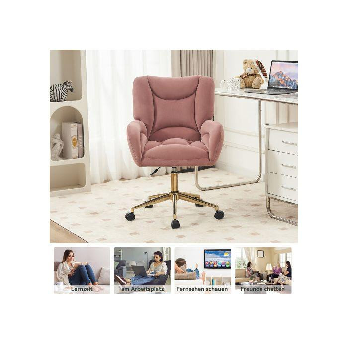 MUVOE Couture-Design Samt-Drehstuhl in Rosa mit goldenen Füßen, höhenverstellbar und mit Rollen für dein Homeoffice - Bild 2